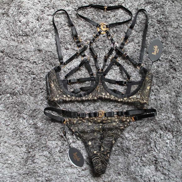 SOLD Bordelle Selene Open Ouvert Wire Bra Thong set Black Gold star embroidery - Picture 2 of 12